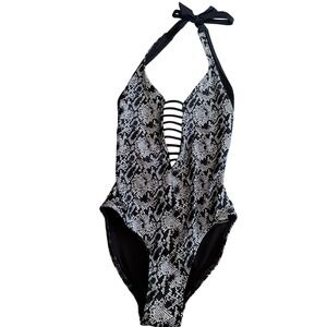 Swim Systems Solana Plunge Womens XS Black White Snake Print Halter One Piece